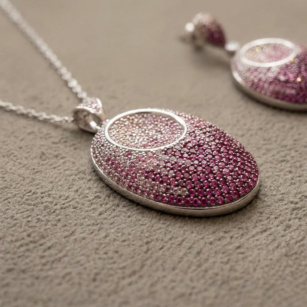 925 Silver Rose Pave Oval Pendant Set