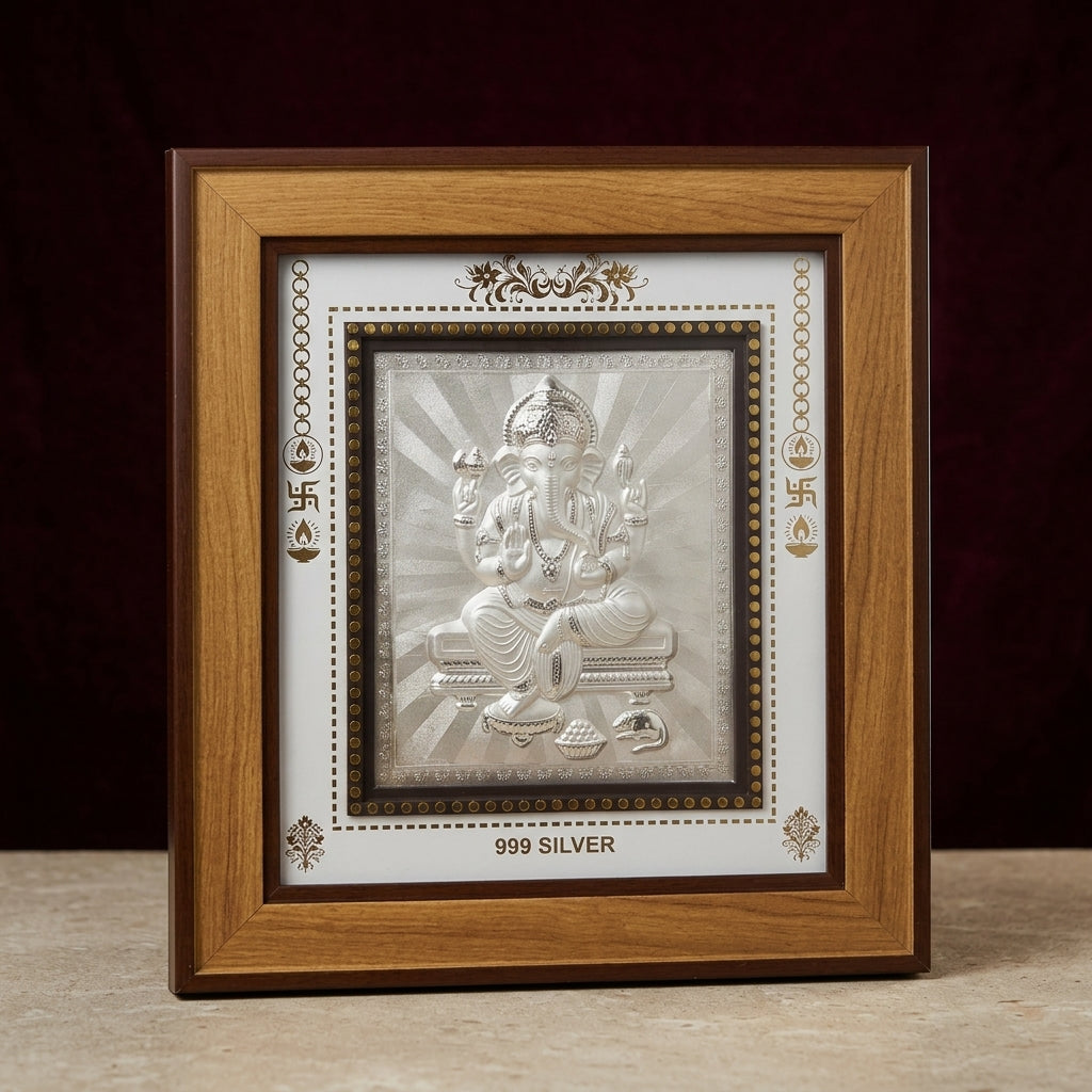 999 Pure Silver Ganesh Ji Photo Frame – Blessings of Wisdom & Prosperity 11x10 Inch