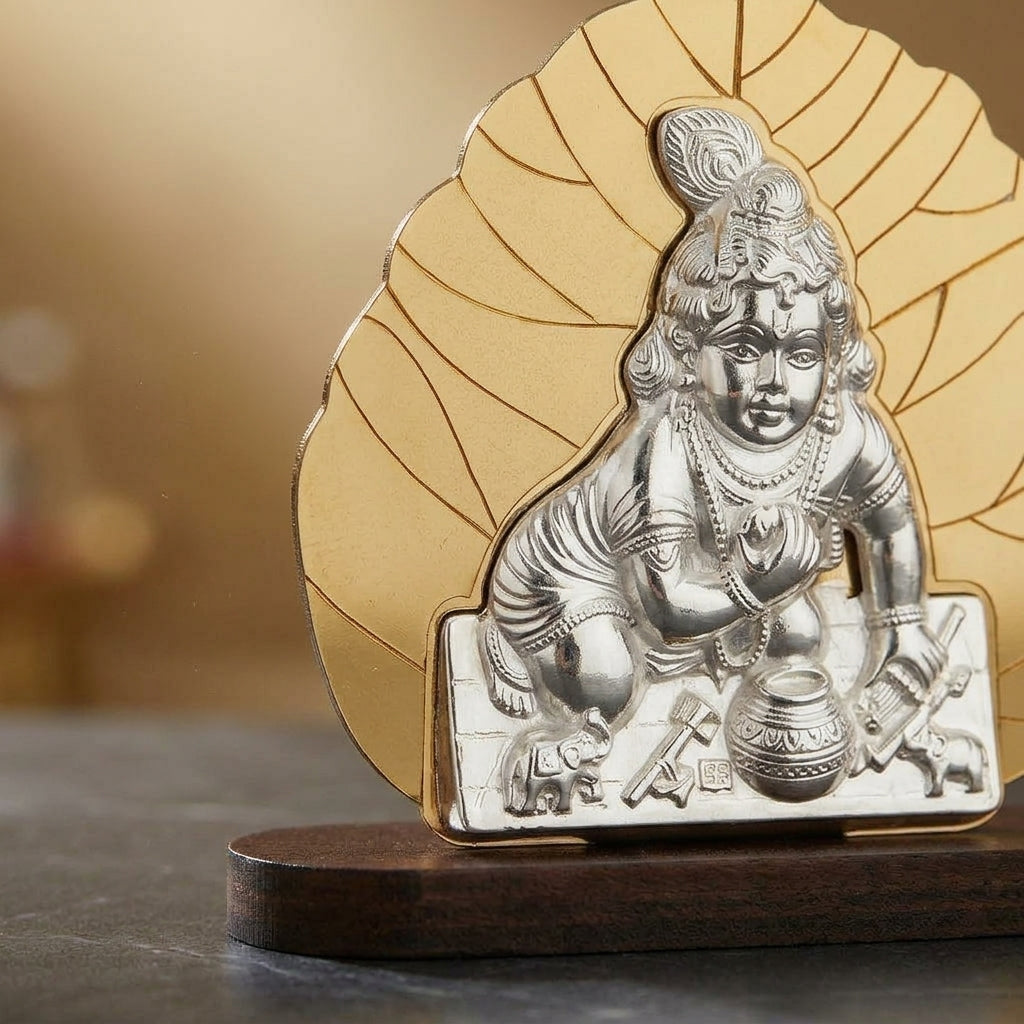 92.5 Silver Laddu Gopal wooden Peepal Leaf