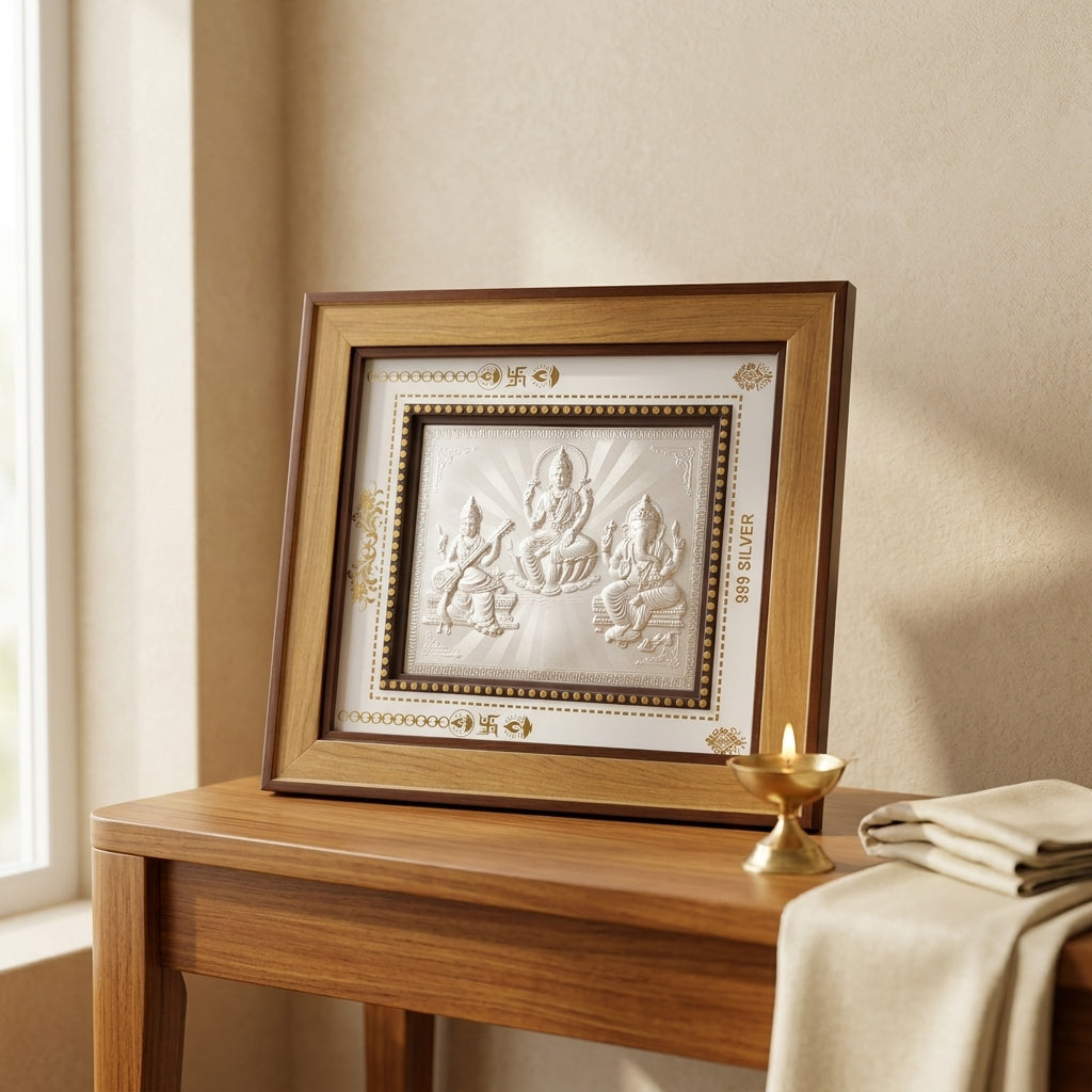 999 Pure Silver Saraswati, Laxmi & Ganesh Ji Photo Frame – Wisdom, Wealth & Prosperity  11x10 Inch