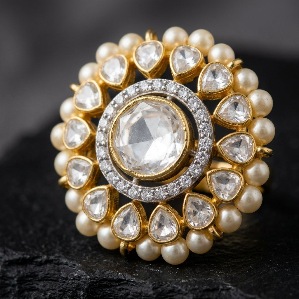 Stunning 92.5 Silver Polki Pearl Border Ring