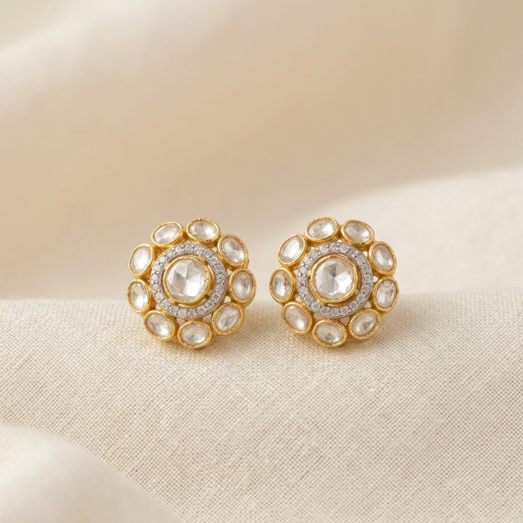 92.5 Silver Polki  Flower-inspired floral design Stud Earring
