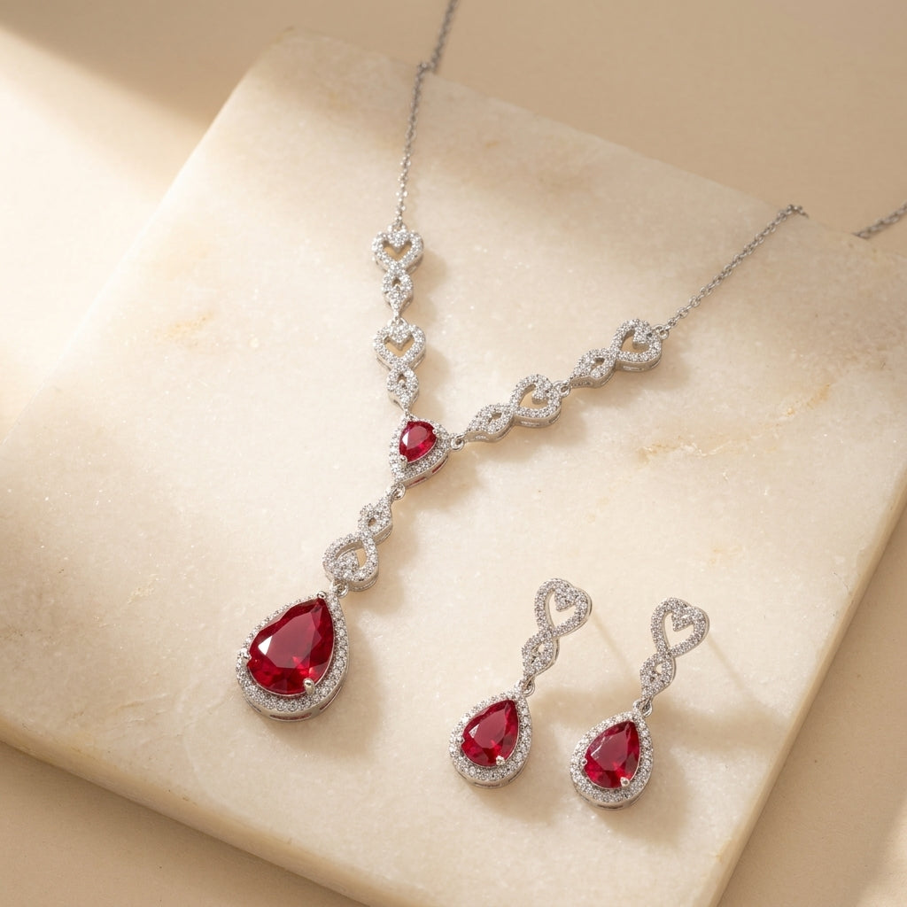 92.5 Sterling Silver teardrop red ruby necklace set