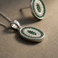 92.5 Sterling Silver Oval Circular Emerald Green and white Stone Pendant Set