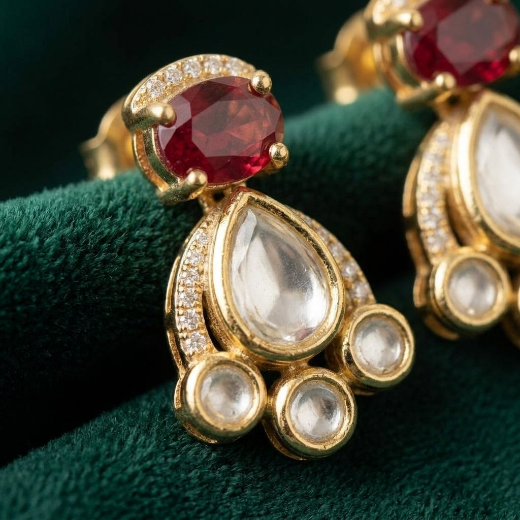 925 Silver Heritage Ruby Kundan Drop Studs
