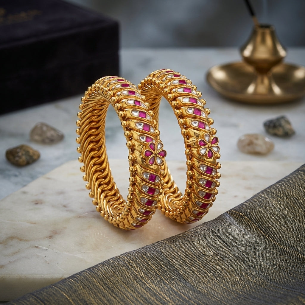 Rajwadi Ruby 92.5 Silver Gold Polished Heritage Bangdi Bangle