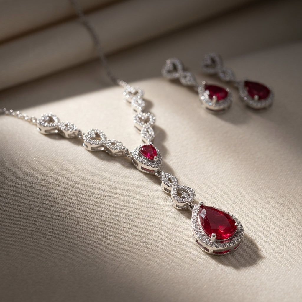 92.5 Sterling Silver teardrop red ruby necklace set