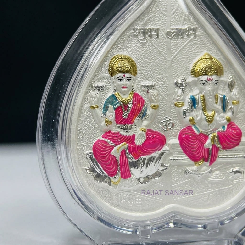 999 Pure Silver Laxmi & Ganesh Ji Pan Shape Frame | office desk, Home Decor & Gifting 6x5 Inch