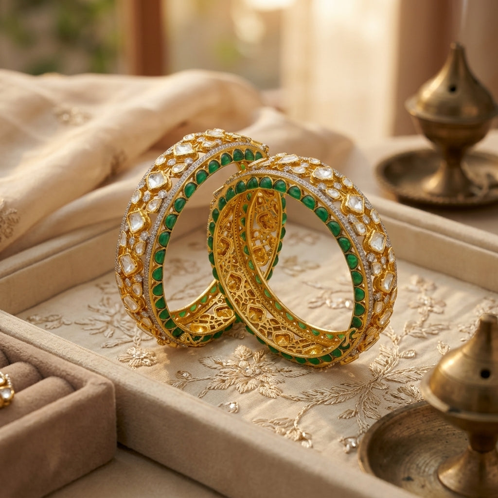 92.5 Silver Polki emerald stone Bangle