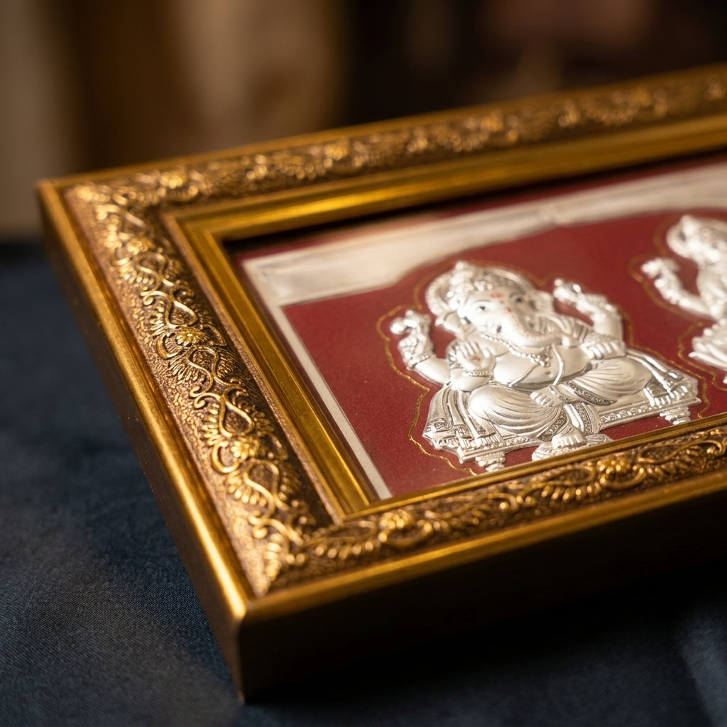 Divine 999 Silver Laxmi & Ganesh Ji Frame 12 Inches x 9 Inches