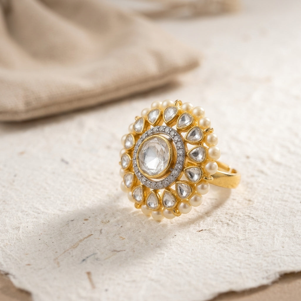 Stunning 92.5 Silver Polki Pearl Border Ring