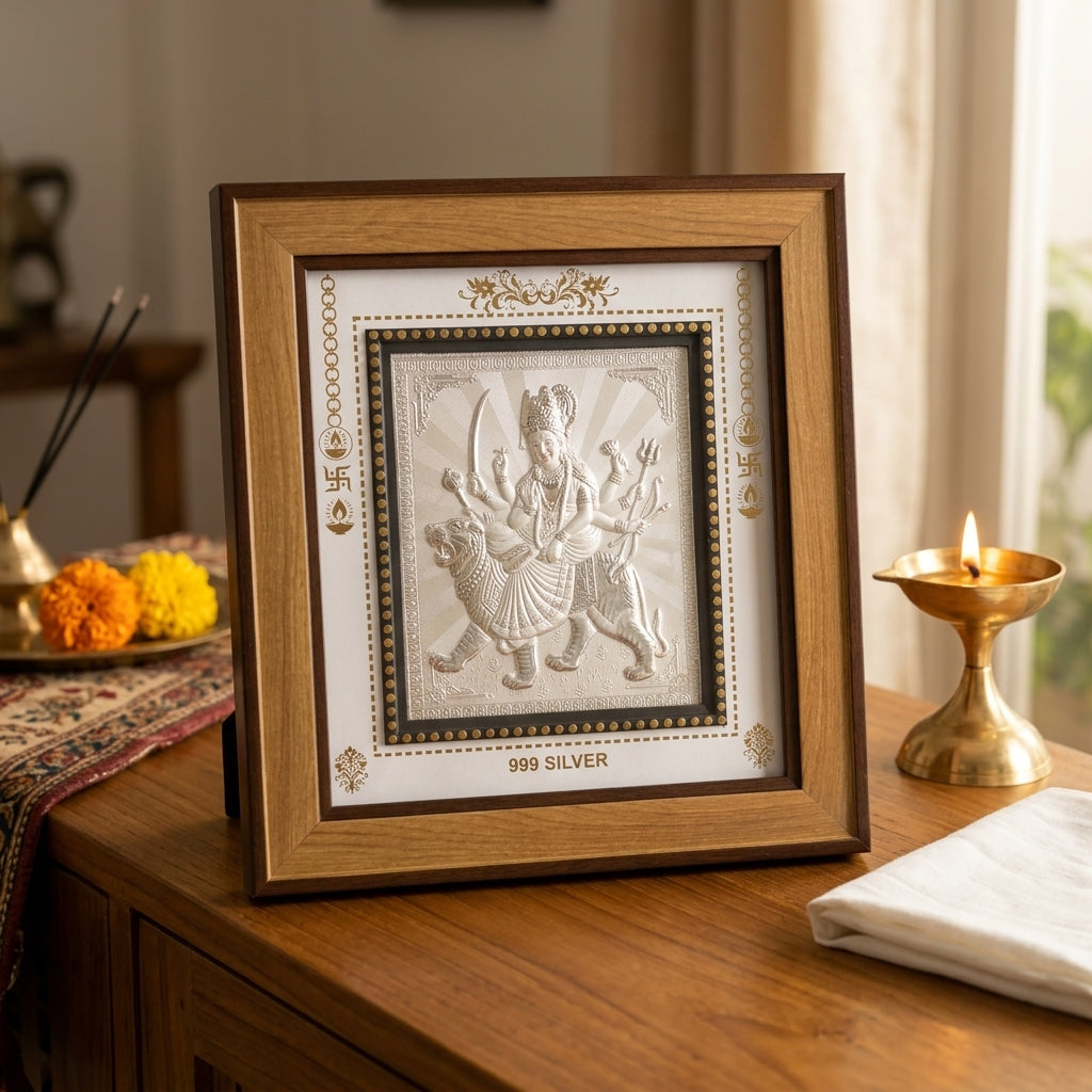 999 Pure Silver Maa Durga Photo Frame – Symbol of Power & Divine Protection 11x10 Inch