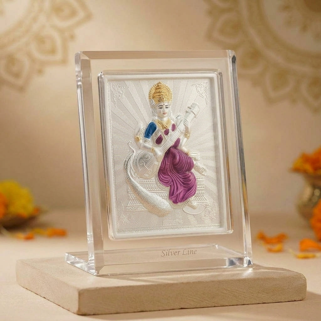 999 Silver Saraswati Ji Photo Frame Idol