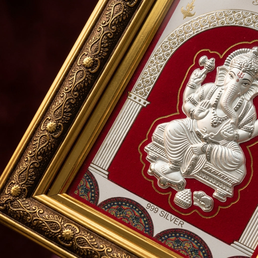 Premium 999 Silver Ganesh Ji Frame – Ideal Gift 10 Inches x 9 Inches