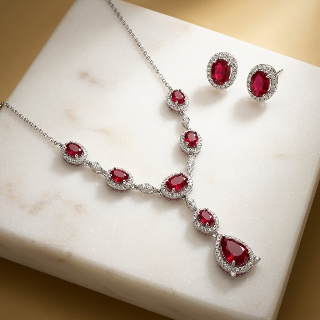 92.5 Sterling Silver Drop- shaped pink stone Necklace