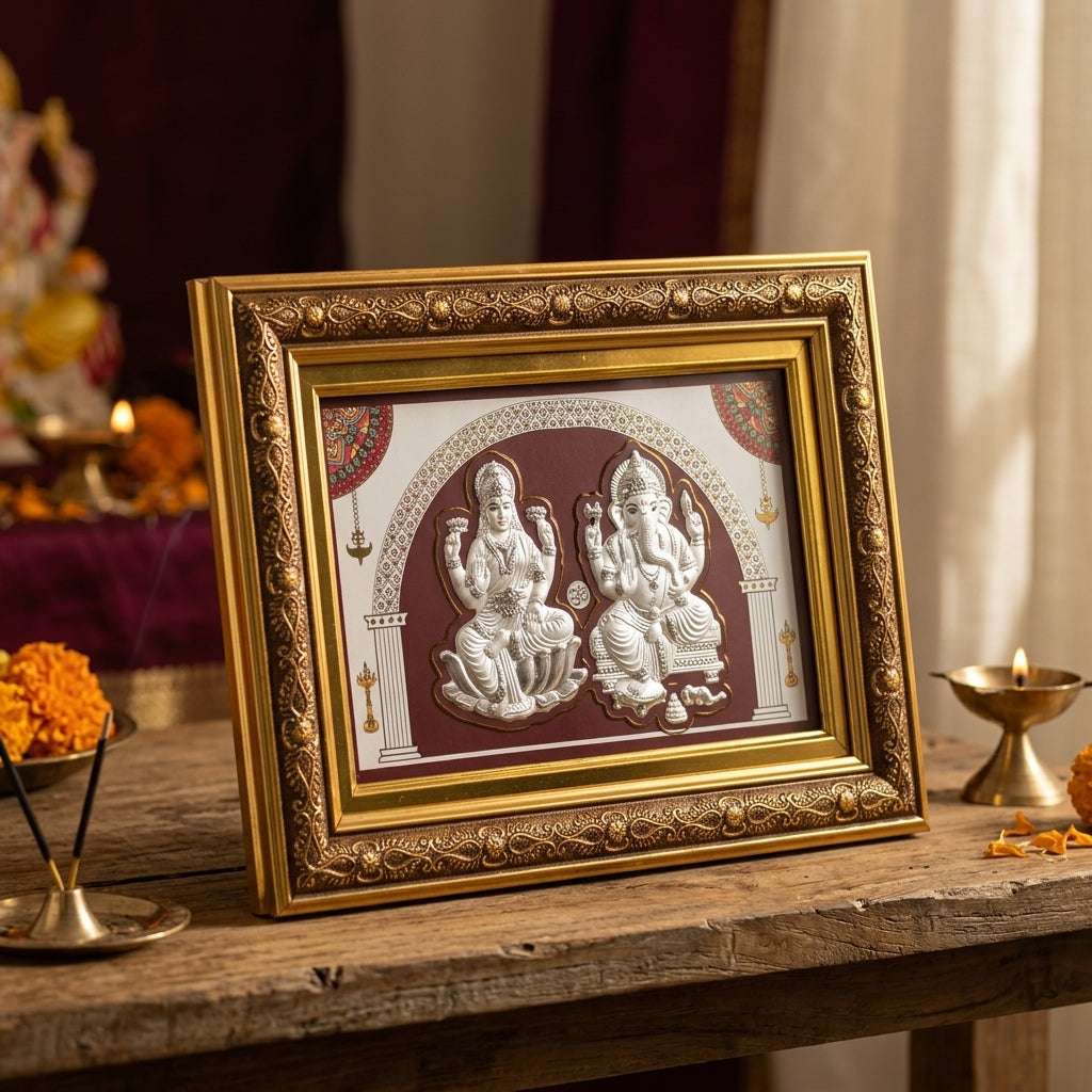 Divine 999 Silver Laxmi & Ganesh Ji Frame 12 Inches x 9 Inches