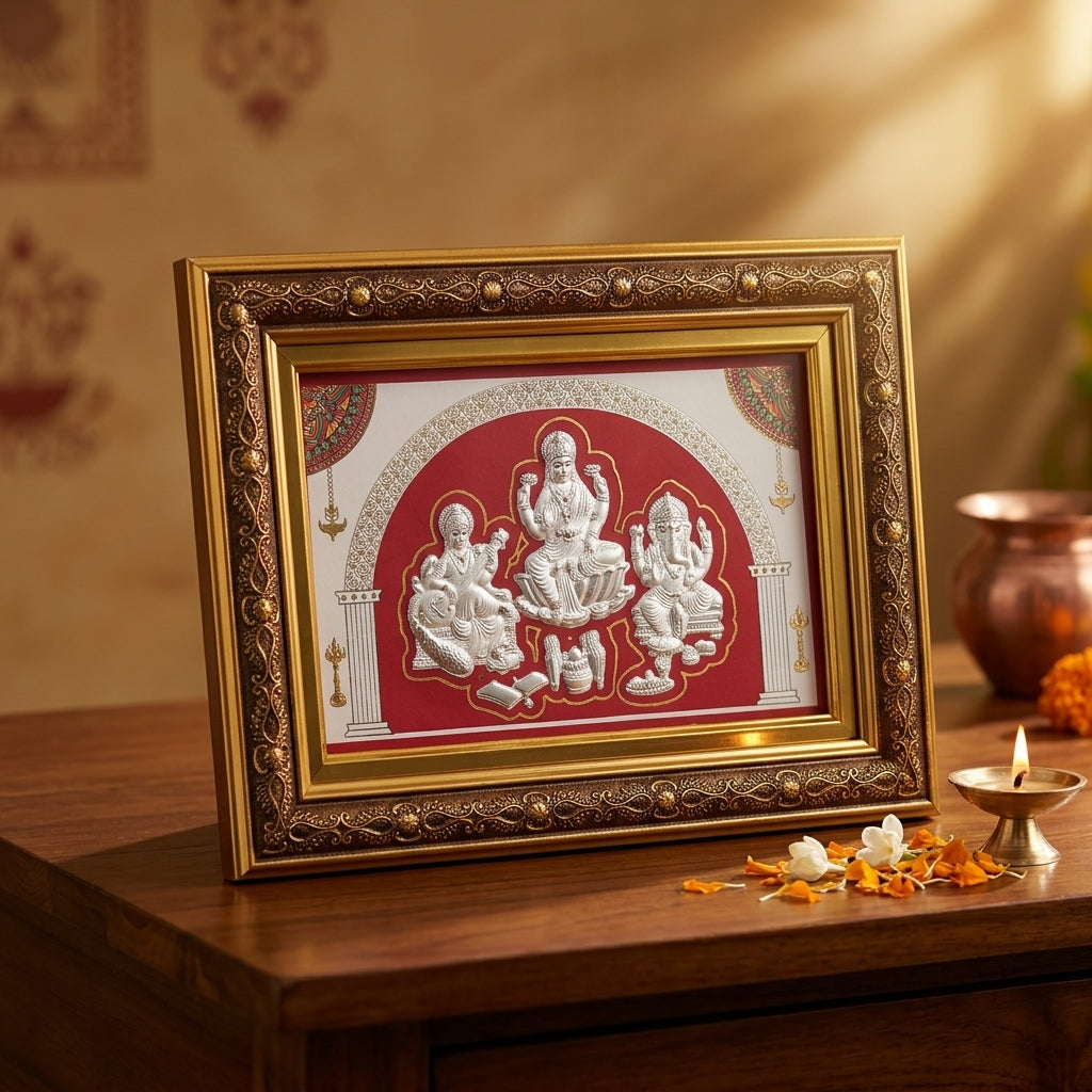 999 Silver Saraswati Laxmi Ganesh Ji Frame – Divine Blessings for Home & Office 9 Inches x 13 Inches