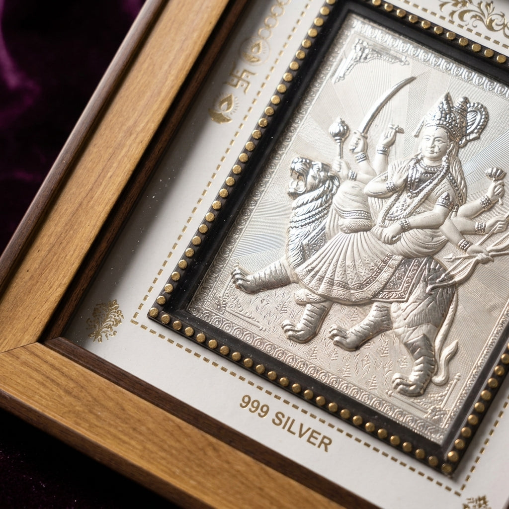 999 Pure Silver Maa Durga Photo Frame – Symbol of Power & Divine Protection 11x10 Inch