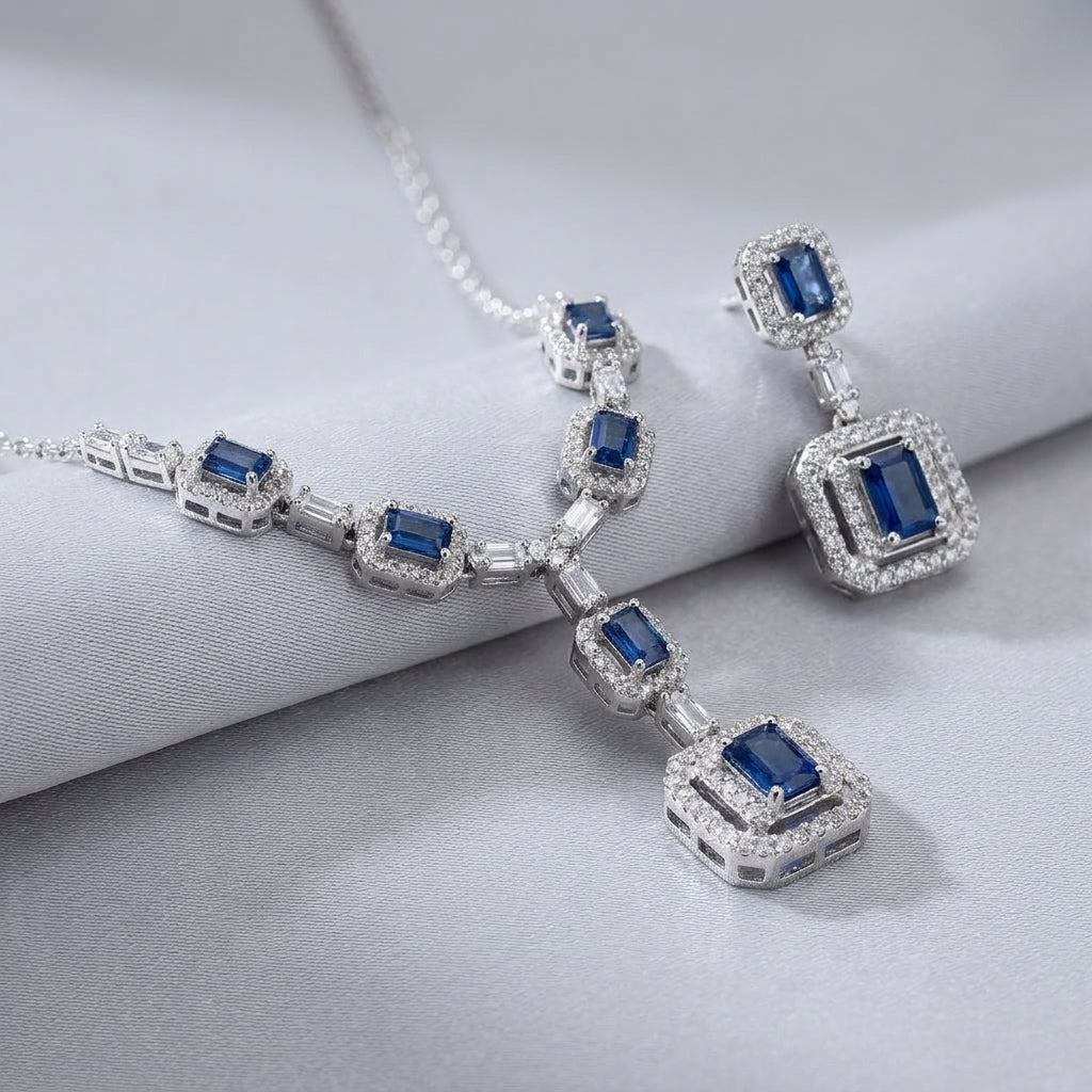 92.5 Sterling Silver Blue Sapphire Daimond Necklace Set
