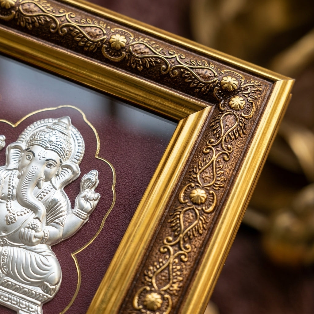 999 Silver Saraswati Laxmi Ganesh Ji Frame – Divine Blessings for Home & Office 9 Inches x 13 Inches