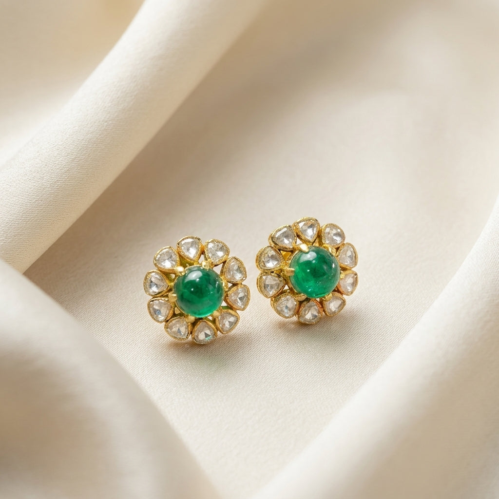 92.5 Silver Polki Emerald stone Stud earring