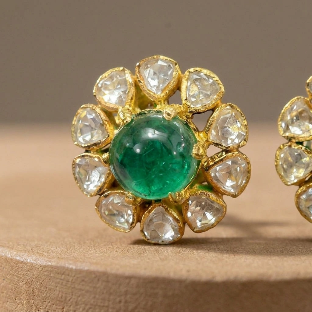 92.5 Silver Polki Emerald stone Stud earring