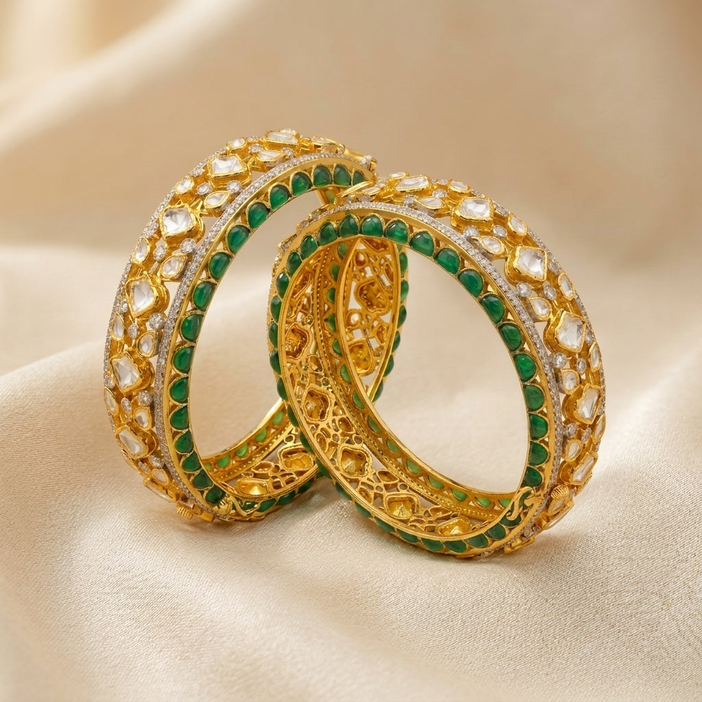 92.5 Silver Polki emerald stone Bangle