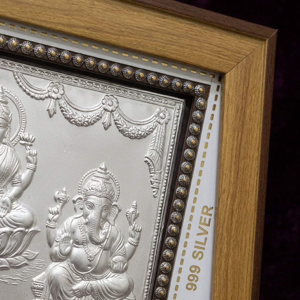 999 Pure Silver Saraswati, Laxmi & Ganesh Ji Photo Frame – Wisdom, Wealth & Prosperity  11x10 Inch