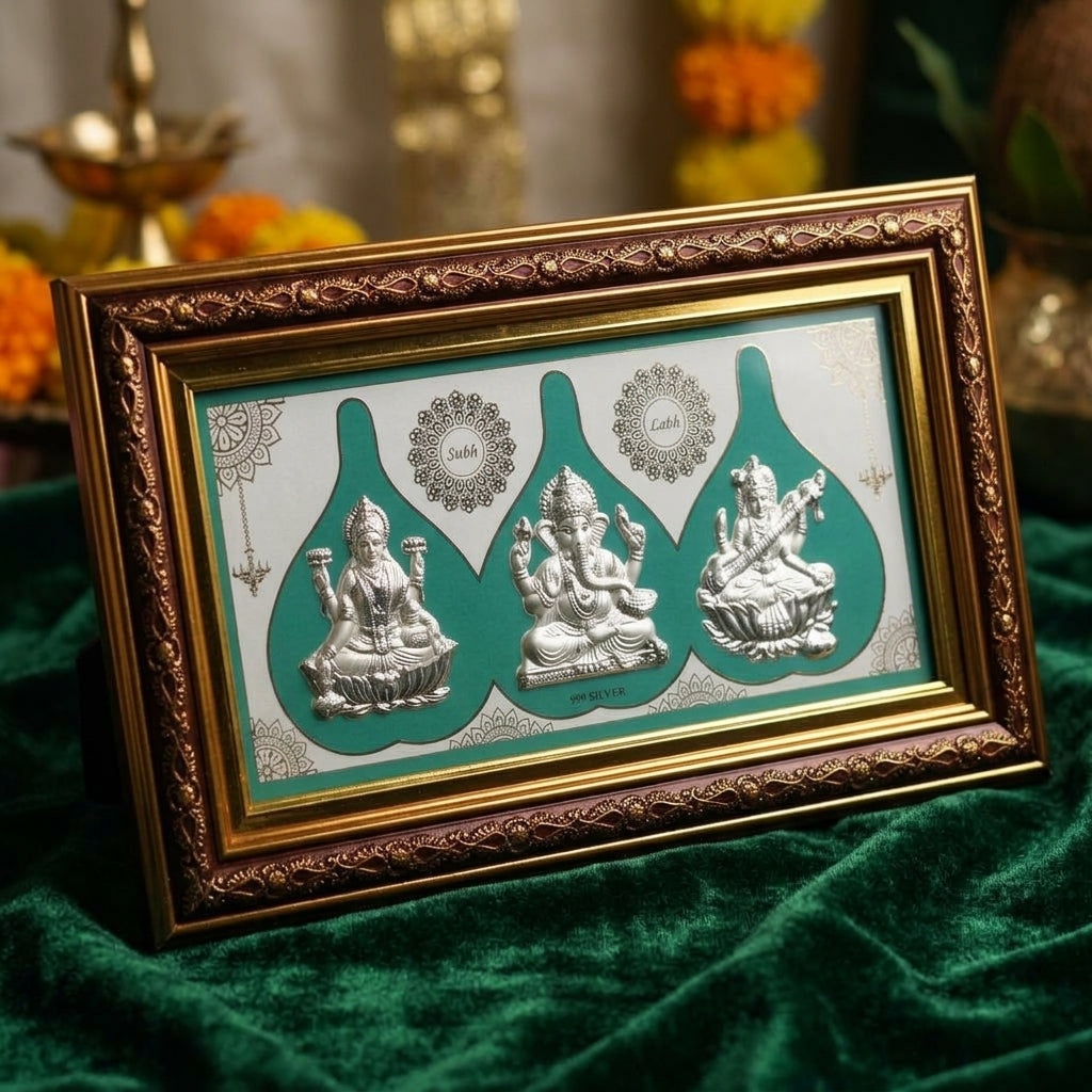 Sarva Mangala Tridev 999 Silver Frame- Lakshmi, Ganesh & Saraswati Size 23x38 cm