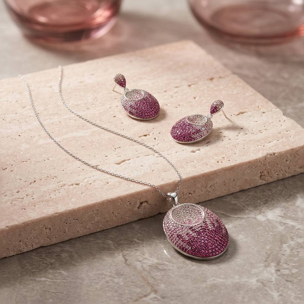 925 Silver Rose Pave Oval Pendant Set