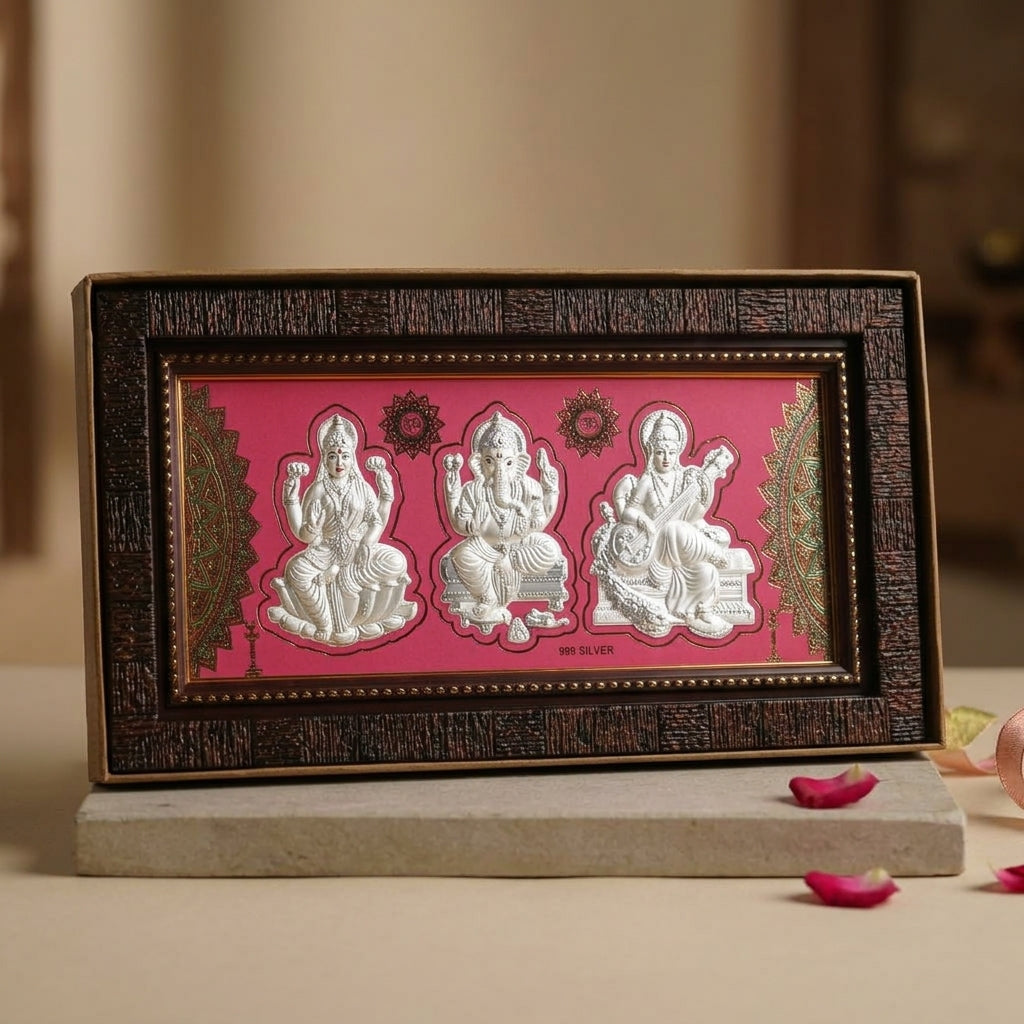 999 Pure Silver Lakshmi, Ganesh & Saraswati Ji Photo Frame (14 x 27cm)