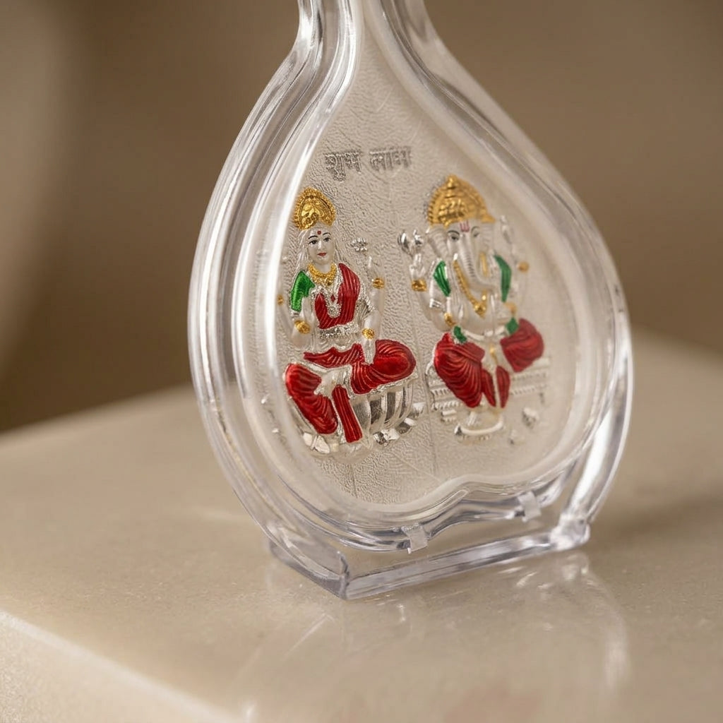 999 Pure Silver Laxmi & Ganesh Ji Pan Shape Frame | Divine Home & Office Decor 5X6 Inch