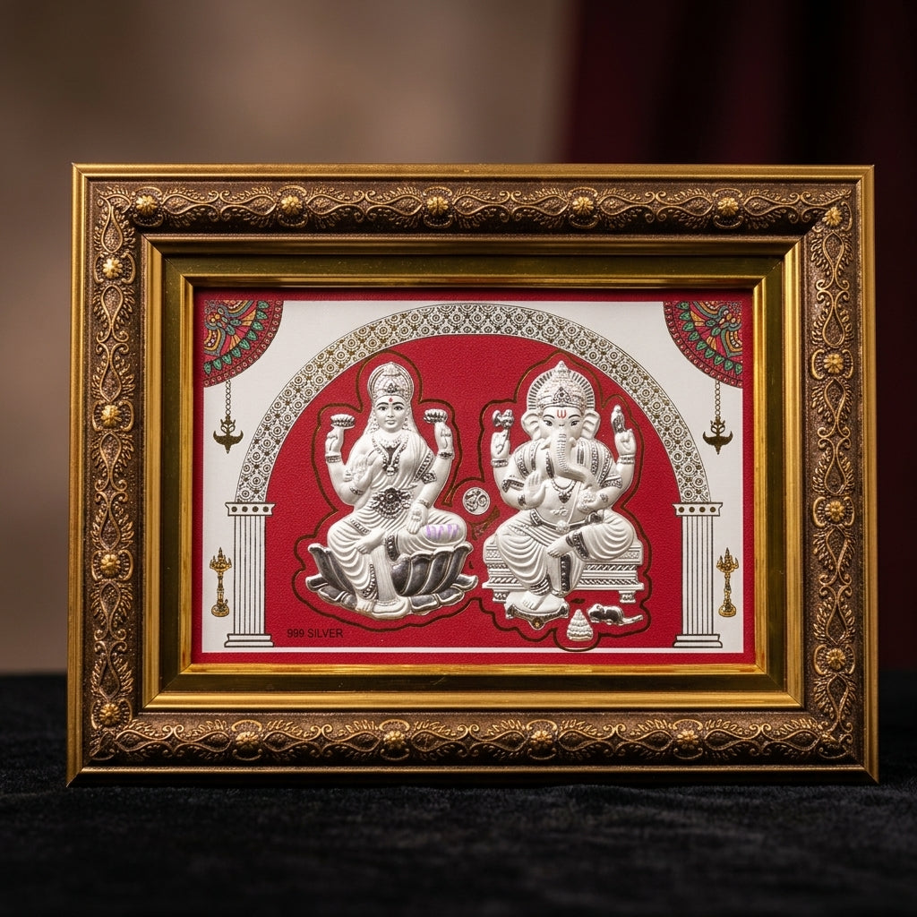 999 Pure Silver Laxmi & Ganesh Ji Frame – Auspicious Gift & Pooja Mandir 9x9 inch