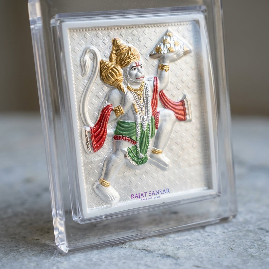 999 Silver Hanuman Ji Photo Frame Idol| Room, Pooja, Office Table Stand  5x4 Inch