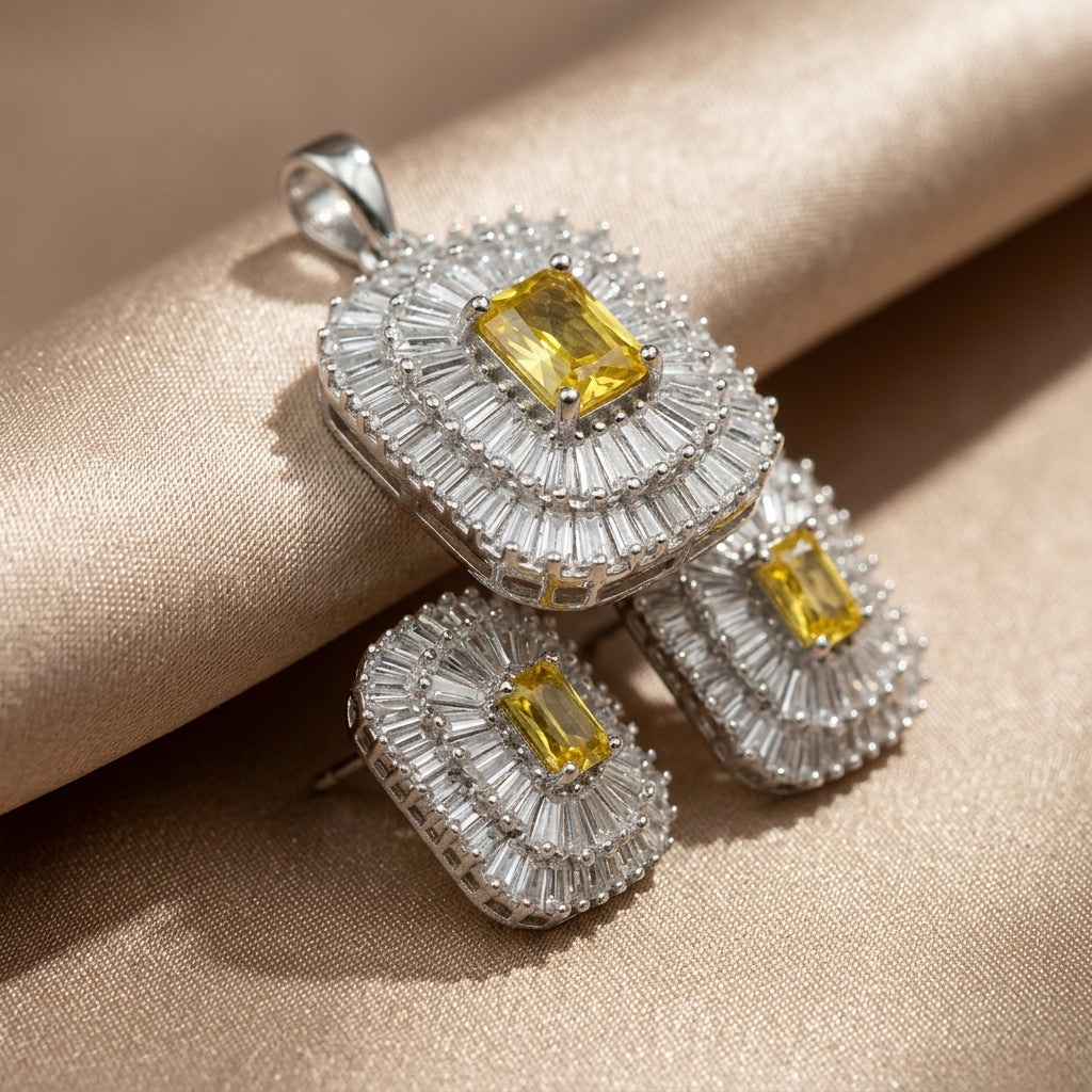 92.5 Sterling Silver Yellow Citrine Radiant Pendant Set (Without Chain)
