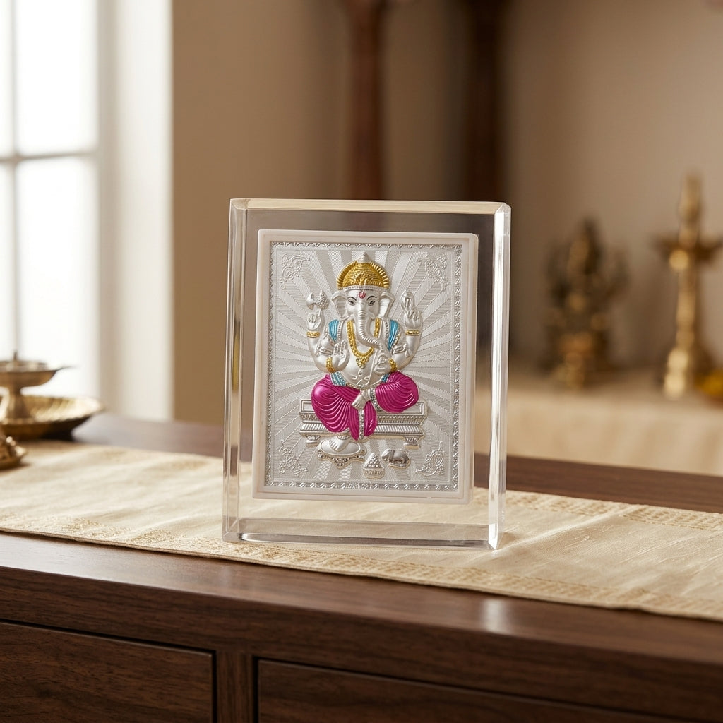 999 Pure Silver Shree Ganesh Ji Frame for Diwali, Gifting, Home, Office, Pooja Room Size11x8 cm