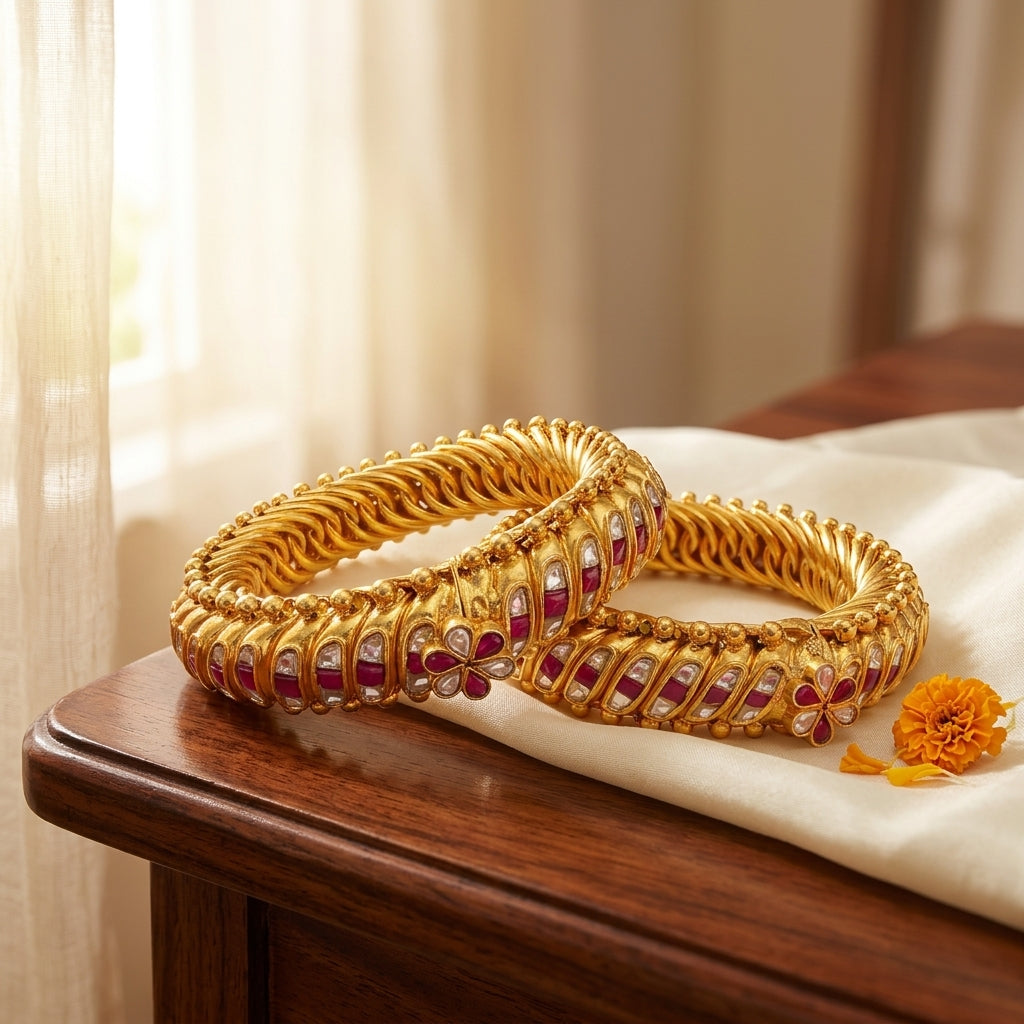 Rajwadi Ruby 92.5 Silver Gold Polished Heritage Bangdi Bangle