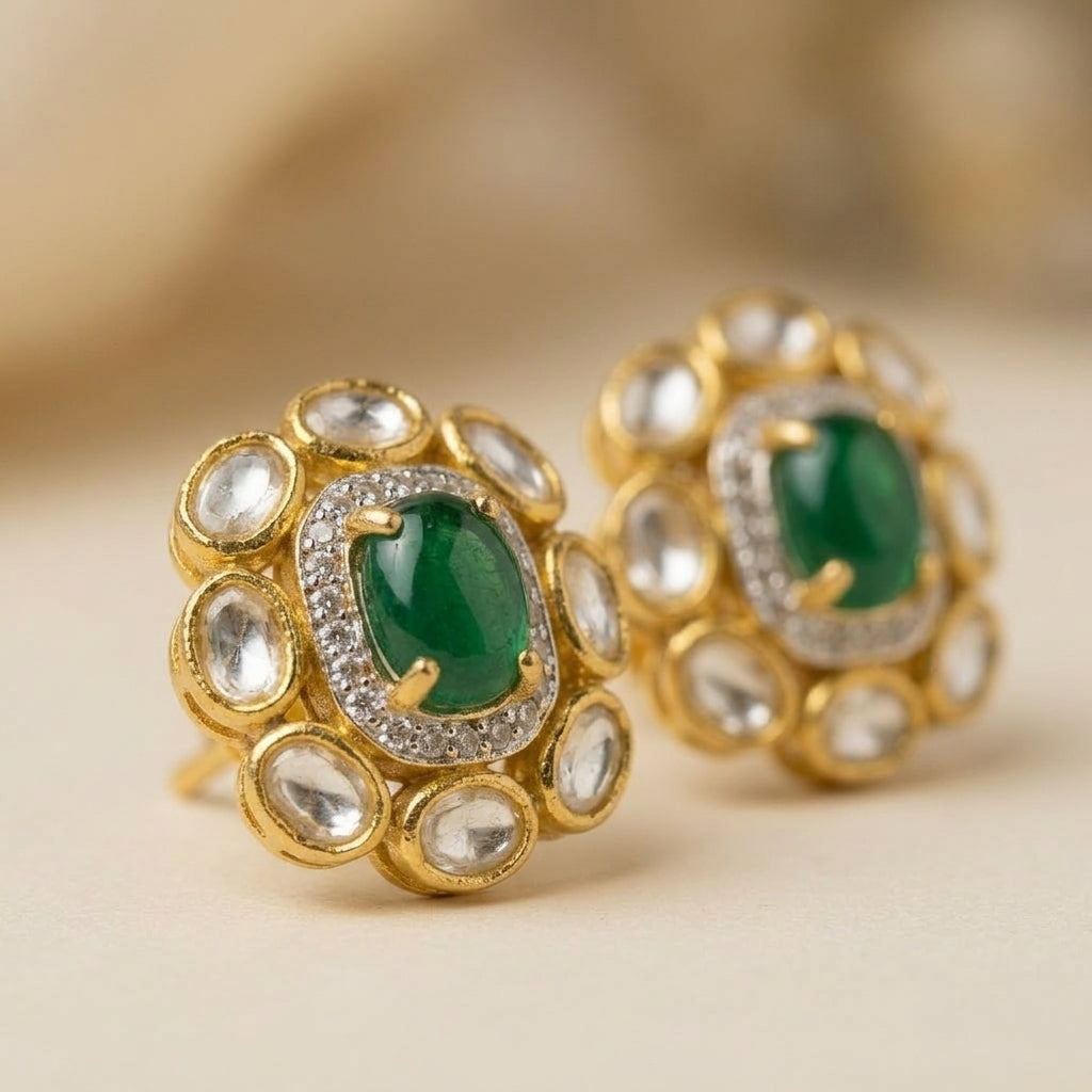 925 Silver Kundan with Emerald Green centre Stud Earrings