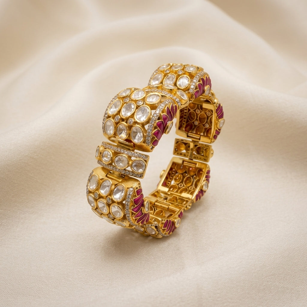 92.5 Silver Polki Rajwadi Bangle lotus Shapes