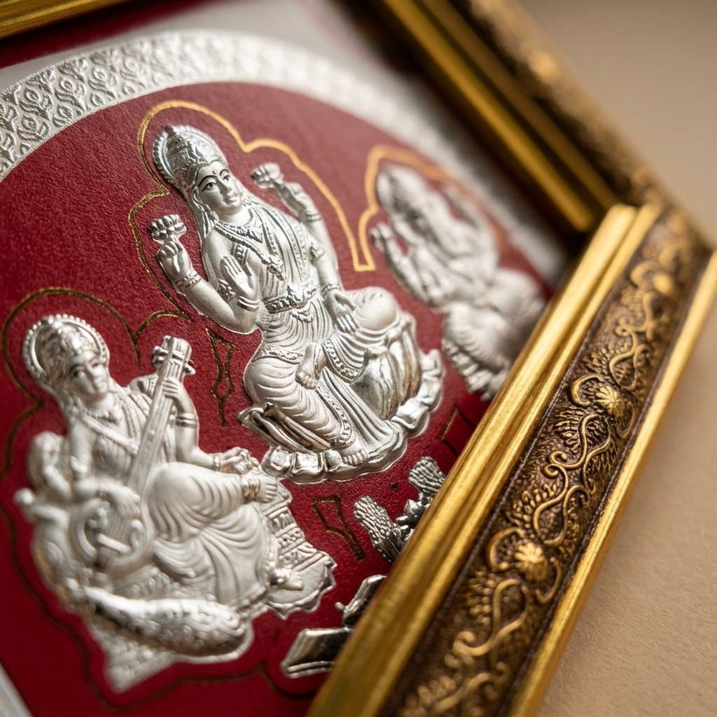 999 Silver Saraswati Laxmi Ganesh Ji Frame – Divine Blessings for Home & Office 9 Inches x 13 Inches