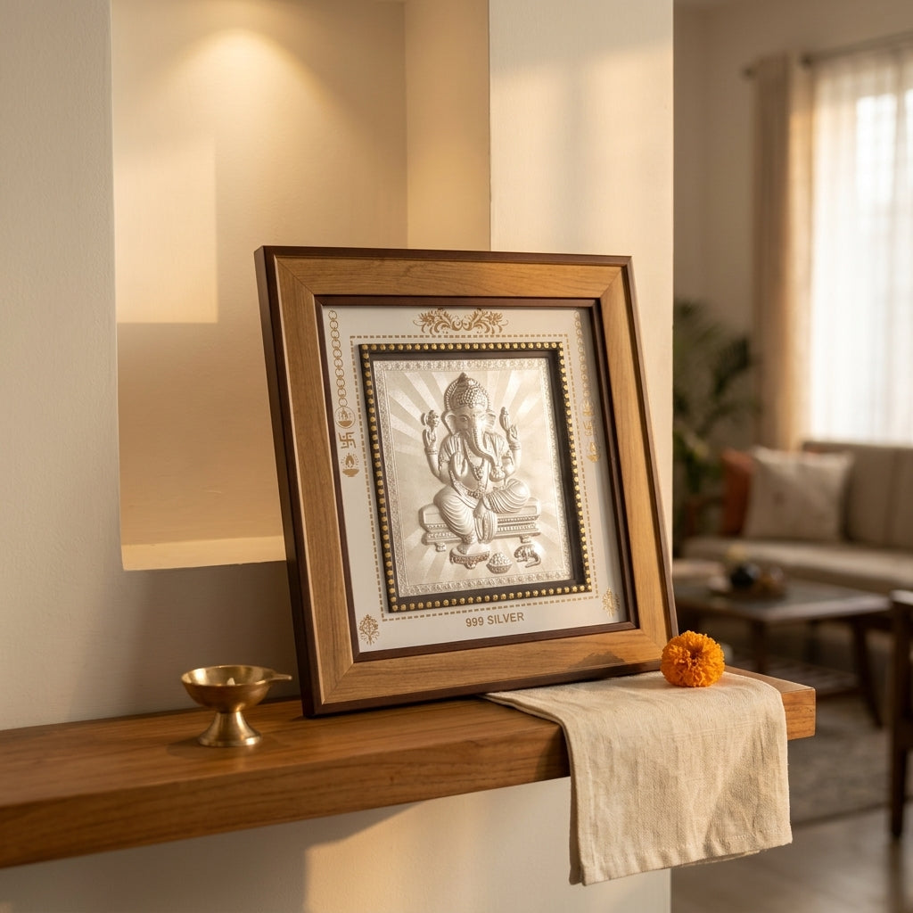 999 Pure Silver Ganesh Ji Photo Frame – Blessings of Wisdom & Prosperity 11x10 Inch