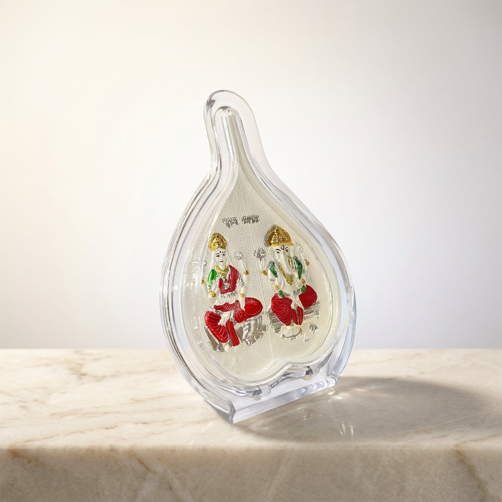 999 Pure Silver Laxmi & Ganesh Ji Pan Shape Frame | Divine Home & Office Decor 5X6 Inch