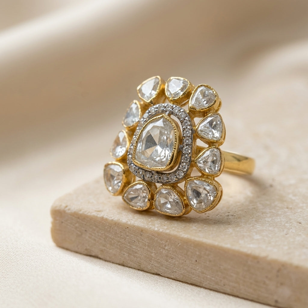 92.5 Silver Pear Glow Polki Ring