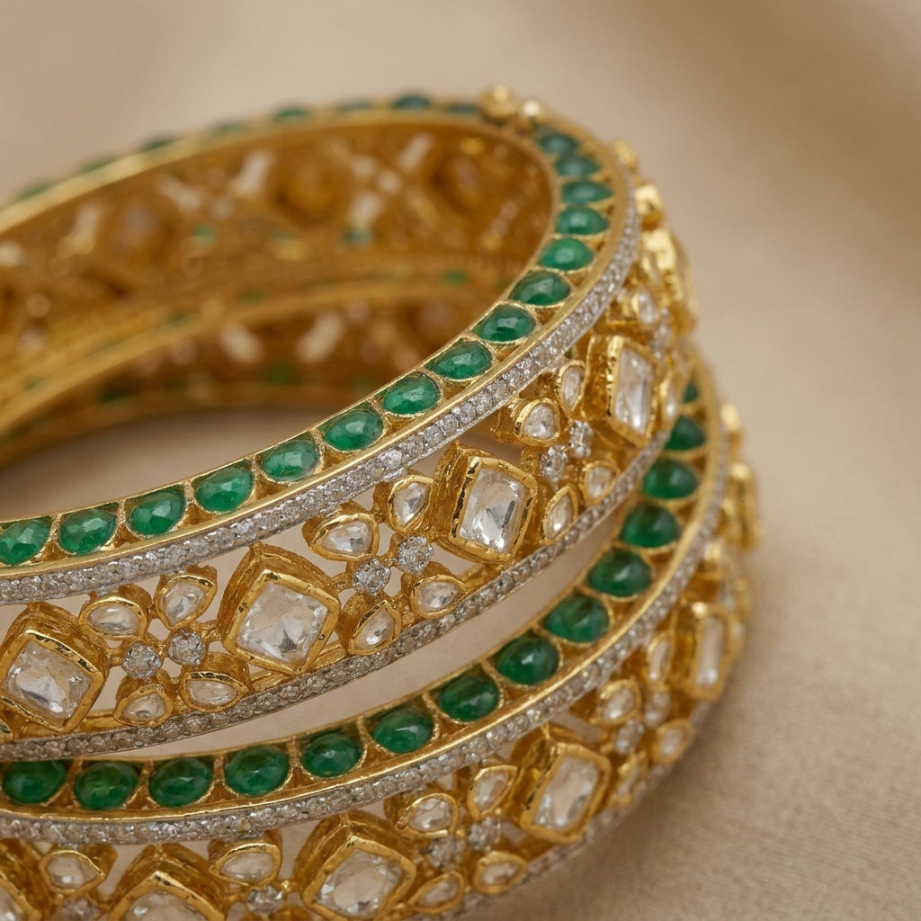 92.5 Silver Polki emerald stone Bangle