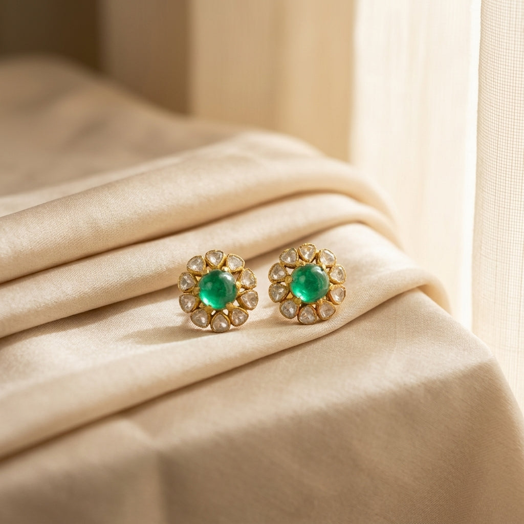 92.5 Silver Polki Emerald stone Stud earring