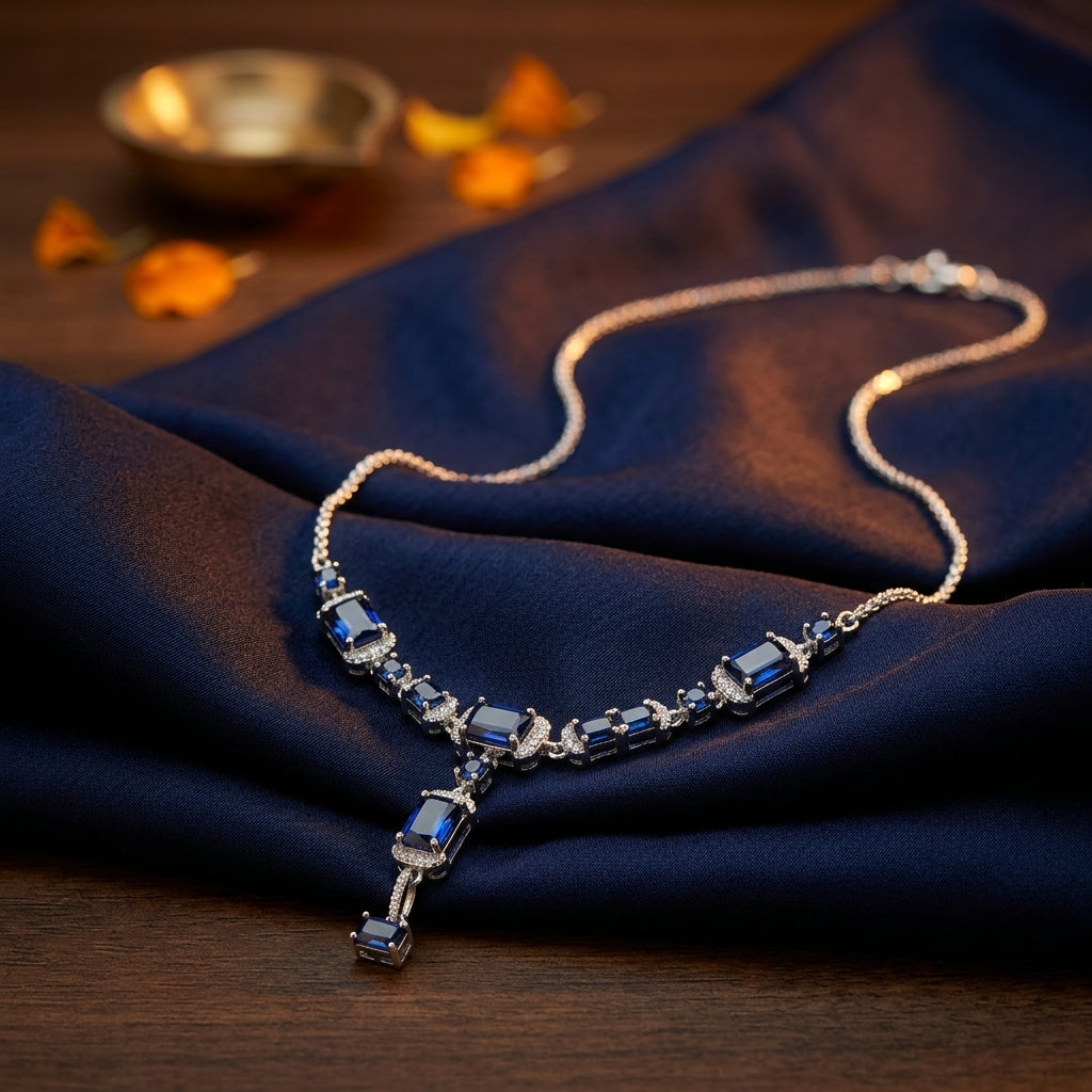 92.5 Sterling Silver Necklace earring set with cut blue stones