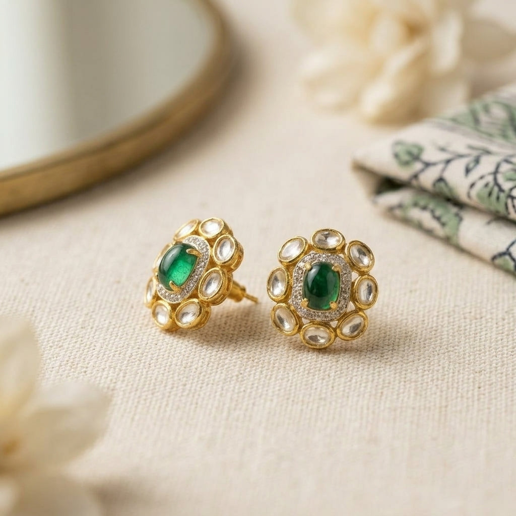 925 Silver Kundan with Emerald Green centre Stud Earrings