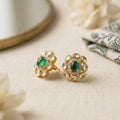 925 Silver Kundan with Emerald Green centre Stud Earrings