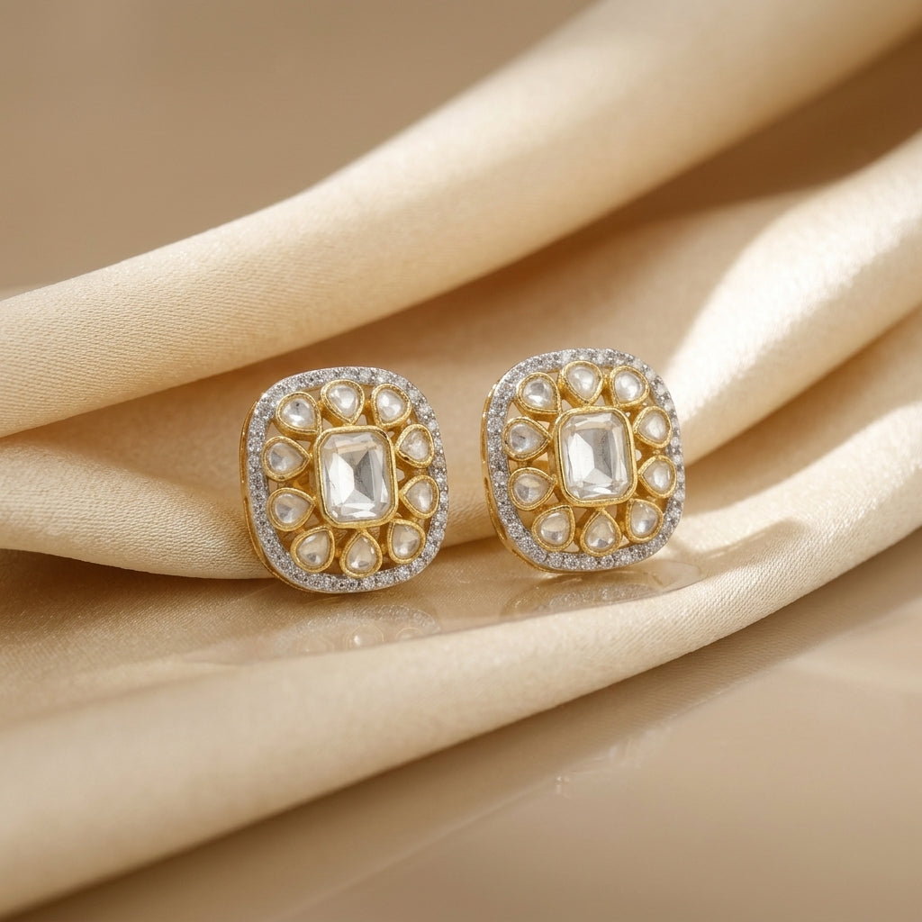 92.5 Silver Polki Square-shaped stud earring