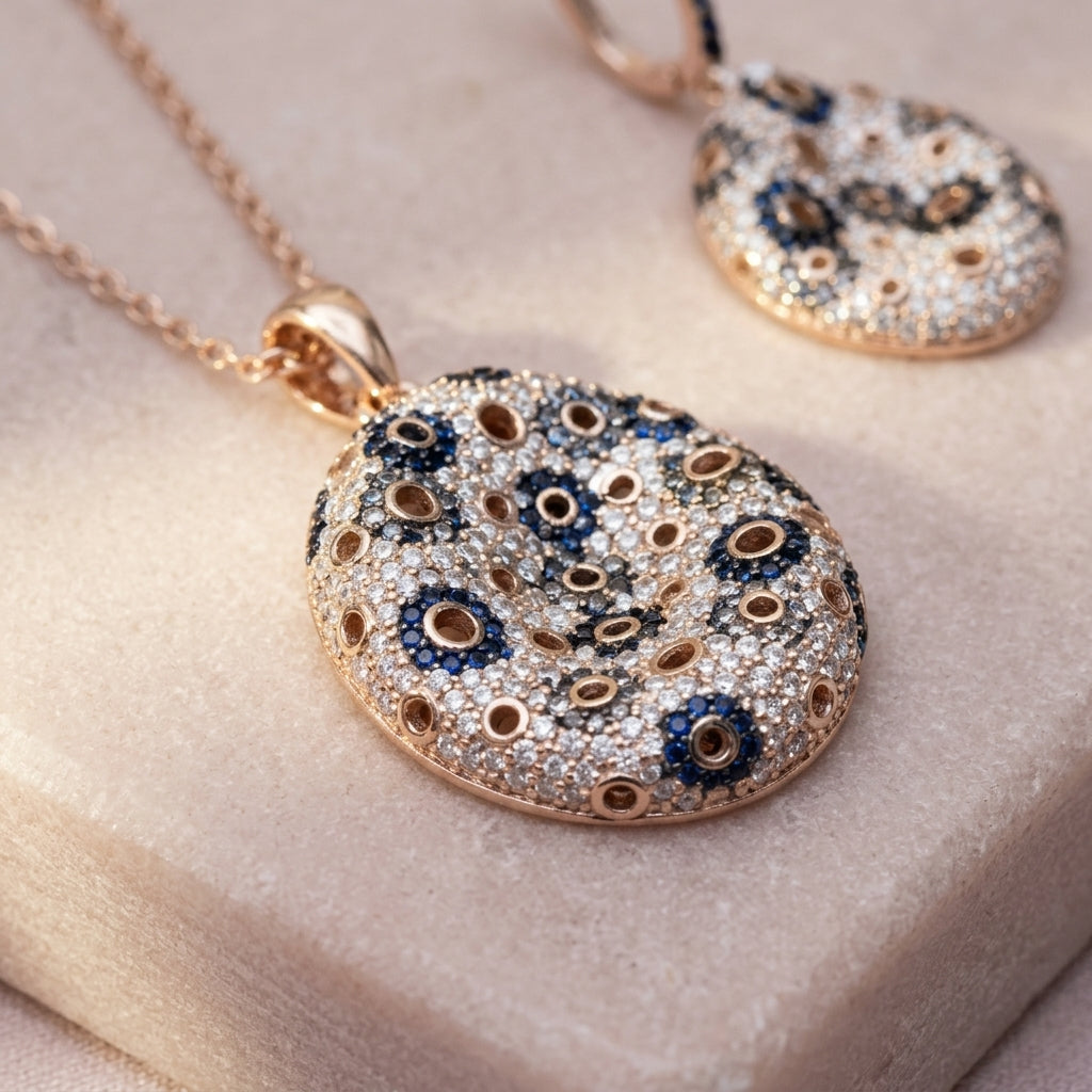 92.5 Silver rose gold finish Mosaic-style Pattern Pendant Set